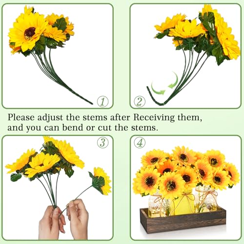 BLEUM CADE Centerpiece Table Decorations - Mason Jar Lights Centerpiece for Kitchen Dining Table Farmhouse Coffee Table Wedding Home Decor with 3 Jars Sunflowers Artificial Flowers & Wood Tray - color: Yellow-sunflower