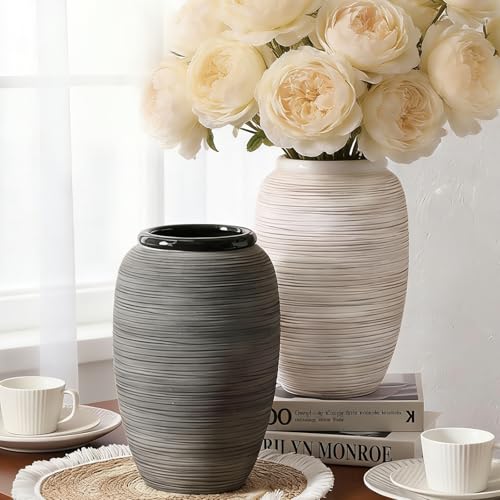 ALMA 12'' White Ceramic Vase with Wide Mouth, Mordern Boho Pampas Grass Vase for Table Centerpieces, Rustic Flower Vase for Living Room, Farmhouse, Entryway, Mantel, Bookshelf, Home Decor - color: Wide Mouth-white-12"