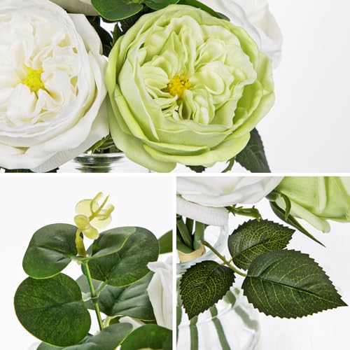 Hollyone Green Peonies Artificial Flowers in Vase Real Touch Flowers Arrangements Fake Peony with Glass Vase Silk David Austin Roses Flower with Clear Faux Water Bouquet Table Centerpiece Home Decor - color: Green and White