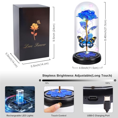 Mothers Day Rose Gifts for Mom Birthday Gift for Women, Rechargeable Galaxy Glass Rose in Glass Dome Crystal Eternal Roses Butterfly Mother's Day Flowers Gifts for Women Mom Wife Grandma Daughter Blue - color: USB-C Blue