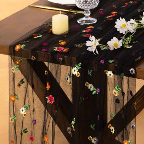 Socomi Flower Table Runner Summer Daisy Floral Tulle Gauze Cheesecloth Embroidery Table Runners for Tea Party Garden Wedding Bridal Baby Shower Birthday Picnic Decor Black 1pc - color: Daisy Black, size: 10ft X 1pc