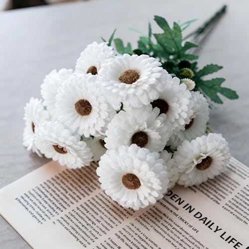 Artificial Mums, Outdoors Faux Fall Flowers Plants for Autumn Home Decor, 10 Bundles Natural Texture Daisy UV Resistant Indoor Festival Decoration for Wedding, Yard, Patio, Porch...(White) - color: White