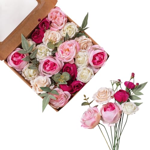 FANKO Artificial Flowers for DIY Bouquet, Faux Rose Combo Peony Ranunculus Stems in Pink White Burgundy for Vase, Floral Arrangement, Centerpieces, Wedding, Home Decor, Party Decoration - color: Charming Marsala