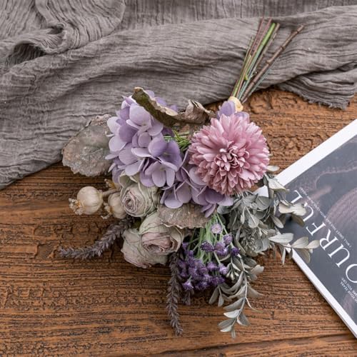13-inch Small Artificial Fake Flowers for Table Arrangements, Silk Faux Bouquets with Three Roasted Edge Roses, Hydrangeas, Globeflower, babysbreaths, Ideal for the Kitchen or Bedroom. - color: Lavender