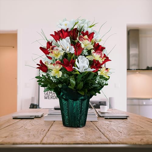 Sympathy Silks Artificial Cemetery Flowers - Grave Decoration - Red Tulips and White Iris (1) Potted Arrangement - color: Red/White, size: (1) Pot