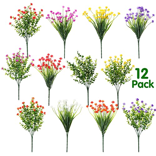 WILLBOND 12 Bundles Artificial Flowers Outdoor, UV Resistant Faux Artificial Plants Shrubs Plastic Flower Bulk for Hanging Planter Porch Window Home Spring Summer Decor(Multi Color) - color: Multi Color