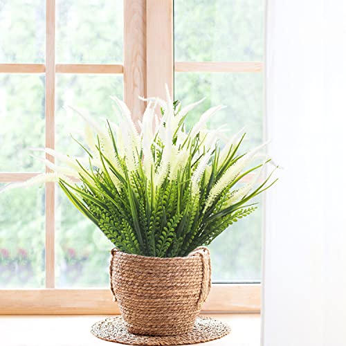 Grunyia 10 Bundles Artificial Plants Outdoor Fake Grass with Flowers UV Resistant Greenery Garden Porch Window Box Decorating (White) - color: White