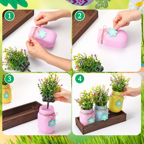 Domensi Easter Spring Table Decoration Set Rustic Wood Tray with Artificial Colorful Flower Greenery Fake Plants Mason Jar Wooden Tag for Easter Spring Dining Table Centerpiece Supplies - color: Pink, Blue Yellow, size: Easter Theme