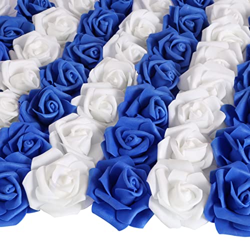 100pcs Royal Blue Artificial Rose Flower Heads, 3inch White Foam Roses Bulk Stemless Fake Flower Heads for DIY Crafts,Cake Decoration Wedding,Baby Shower Flower Centerpieces(Blue White) - color: Shades of Blue White