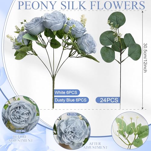 Peonies Artificial Flowers Bulk, 12 Bundles Fake Silk Peonies Faux Eucalyptus Bouquet Realistic Peony Floral Arrangement for Wedding Table Centerpiece Vase Decor (Dusty Blue & White) - color: Dusty Blue & White