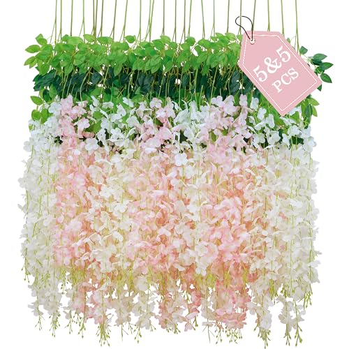 BLEUM CADE 10Pcs White & Pink Fake Wisteria Hanging Flowers, 3.6Ft/Pcs Artificial Wisteria Garland, Hanging Flowers for Wedding Party Home Backdrop Wall Decoration - color: White & Pink, size: 10pcs