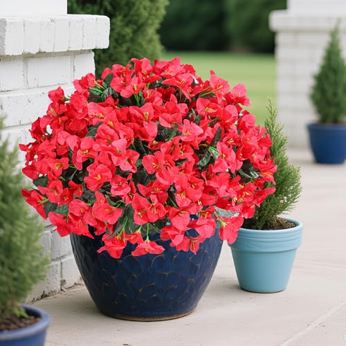 Bougainvillea Artificial Flowers for Outdoors Faux Plants Spring Summer Decor, 4 Bundles Red UV Resistant Fake Outdoor Flowers Silk Flowers for Outside Realistic for Planters Patio Porch Garden Home - color: Red