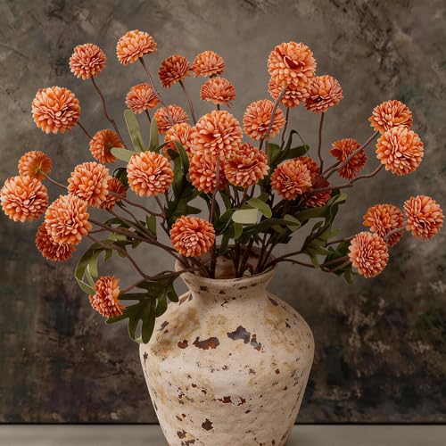 6 Pcs Fall Artificial Flowers Faux Silk Pompon Mum, Orange Silk Small Mini Chrysanthemum Ball with Long Stems, for Autumn Table Centerpieces Decor, Decoración de Otoño, No Vase - color: Orange