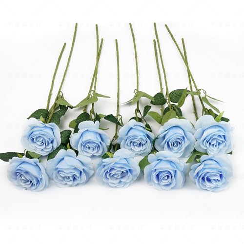 10pcs Sky Blue Silk Roses Artificial Rose Flowers Long Stem for DIY Wedding Bouquet Table Centerpiece Home Décor - color: Sky Blue