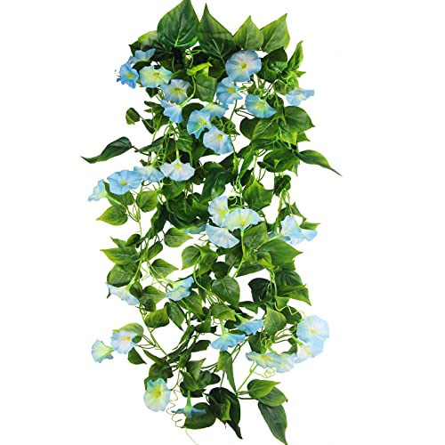 CISDUEO 2 Pcs Artificial Vines for Outdoors Silk Morning Glory Vines 15Feet Hanging Plants Blue Flowers Garland Fake Green Plant Morning Glories for Home Decor Wall Fence Wedding Hanging Baskets - color: Blue