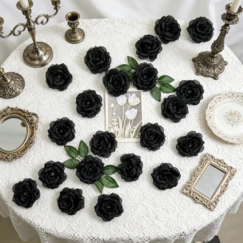 50 Pcs Rose Flower Head, Artificial Flowers Bulk for DIY Crafts, 3in Fake Rose Silk Flower Head wit Stem, Faux Flowers for Decoration, Wedding Home Party Decor Garland Decor (50, Black) - color: Black