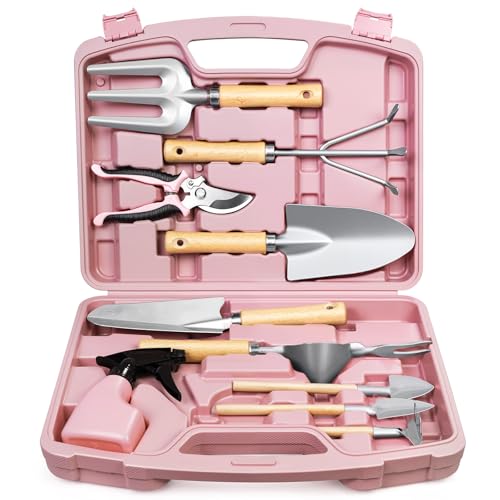 Grenebo 12-Piece Womens Gardening Tools Gift Set, Rust-Proof & Heavy-Duty Garden Tools with Durable Carrying Case, Fashionable & Thoughtful Gardening Gifts for Women&Men (Pink-Silver) - color: Pink-Silver