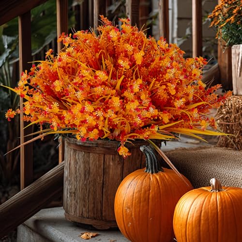 AXYLEX Artificial Fall Flowers Outdoor Fake Mums - 16 Bundles Fake Plants UV Resistant No Fade Faux Plastic Greenery Garden Porch Patio Fall Home Decor (1, OrangeYellow) - color: Orangeyellow