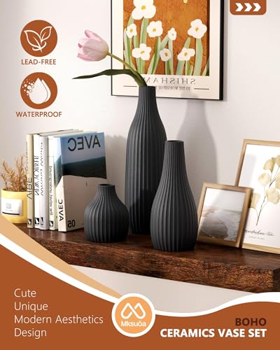 Decorative Flower Vase Set of 3 - Modern Boho Style Black Vases, Ribbed Textures Ceramic Vase for Home Decor Shelf Bookshelf Mantle TV Stand Entryway Console, Dining Table Centerpiece Decor - color: Black