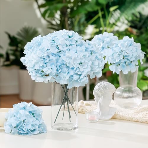 Auihiay 10PCS Hydrangea Artificial Flowers, Faux Blue Flowers for Wedding Centerpieces, DIY Bouquets, Bridal Shower, Floral Decor Home Decoration with Stems (VASE NOT Included) - color: Light Blue