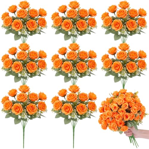 Zeyune 8 Pack Artificial Mini Orange Roses, 12 Inch Fake Flowers with Stems, 80 Small 1.6 Inch Flower Heads, Silk Mini Rose Bouquets for Wedding Centerpieces, Bridal Bouquets, Home Party Decor - color: Orange