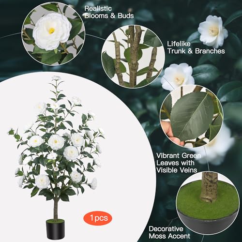 1Pack 47.24"/3.94FT Artificial Camellia Trees with 36 White Flowers in Cement Pots – Lifelike Fake Trees for Front Porch, Home, Indoor Outdoor Spring Decor, Office or Housewarming Gifts - color: White, size: 3ft 11in