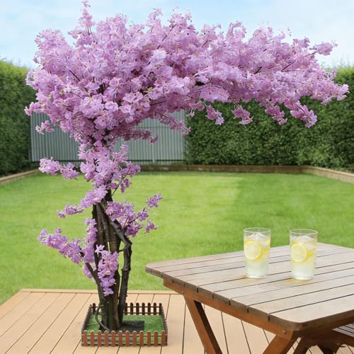 Artificial Cherry Blossom Wishing Tree Indoor Outdoor,Fake Handmade Artificial Cherry Blossom Tree with Solid Wood Trunk for Home Garden Wedding Shopping Party Decoration(Purple,6.6x5.2ft) - color: Purple, size: 6.6x5.2ft
