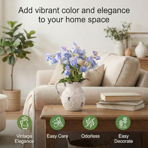 25 Pcs Artificial Lantern Flower with Vintage Ceramic Vase - Hyper Realistic Silk Flowers and Leaves for Home Indoor Outdoor Decor（Blue） - color: Blue