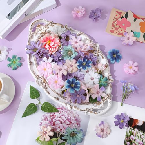 Janinka 100 Pcs Blue Purple Pink Assorted Fake Flower Heads with Long Stem Mini Artificial Flower Bulk Mix Silk Faux Daisy for Crafts Fake Peony Rose for DIY Wedding Party Wreath Home Decoration - color: Blue Purple Pink