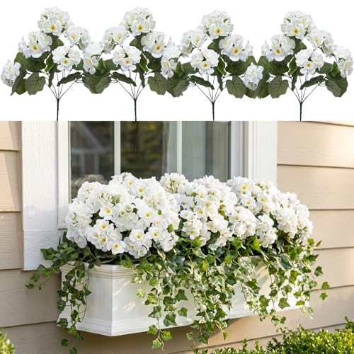 4Pcs White Geraniums Artificial Flowers Realistic 14" Silk Artificial Geraniums for Outdoors Flower UV Resistant Fake Flowers for Planters for Garden Porch Patio Balcony Cemetery Decor - color: White