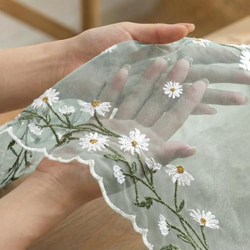 Artoid Mode Daisy Floral Sage Green Shaped Gauze Embroidery Table Runner 120 Inch 10FT, Tulle Spring Summer Kitchen Dining Table Decor for Home Party - color: Sage Green