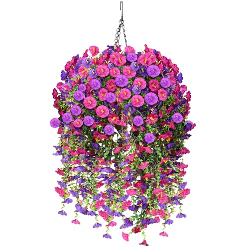 Artificial Hanging Flowers with Basket, 480 Blooms UV Resistant Faux Morning Glory Silk Plants, Fast & Easy Assembly Fake Hanging Baskets for Outdoor Porch Patio Garden Decor, Fuchsia - color: Fuchsia