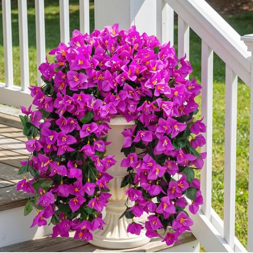 Artificial Bougainvillea Flowers Plants for Outdoors Decoration, 2 Pcs Faux Silk Hanging Flowers Long Trailing Fake Vines for Front Door Porch Planter Balcony Patio Summer Spring Home Decor, Fuchsia - color: Fuchsia