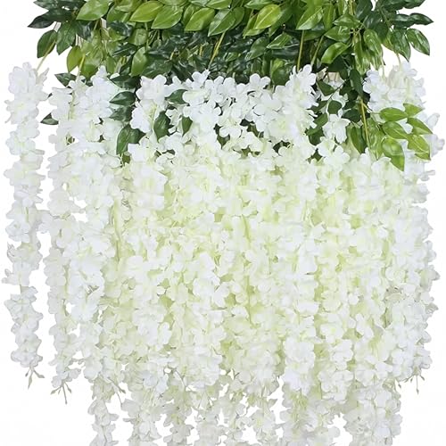 12 Pack Wisteria Flower Vines Garland, 3.75 Ft Artificial Flower Strings, Fake Hanging Flowers, Silk Wisteria Garland Flowers, Flower Vine for Wedding Garden Decor (Cream White) - color: Cream White