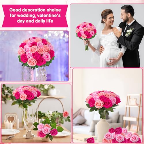 24 Pcs Hot Pink, Light Pink Rose Artificial Flowers with Long Stem Real Touch Silk Roses Bulk for Wedding, Party, Table Centerpieces Bouquet, Bridal, Home Decor - color: Hot Pink, Light Pink, Pink