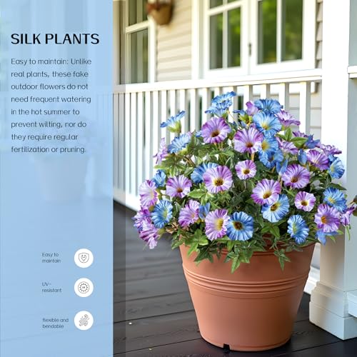 Blue Purple Artificial Morning Glory Flowers for Outdoor Planters, Premium UV Resistant Silk Faux Flowers for Porch, Hanging Basket & Window Box, Cottage Garden Decor, No Pot, 13.3 Inch, 4 Bundles - color: Blue Purple 4pcs