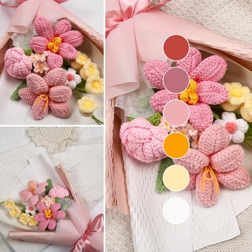 Crochet Flower Bouquet, Handmade Knitted Tulip Faux Crochet Flowers for Home Decor Valentine’s Day Anniversary Weddings Birthdays Mother’s Day, Includes Gift Bag and Greeting Card (Pink) - color: Pink