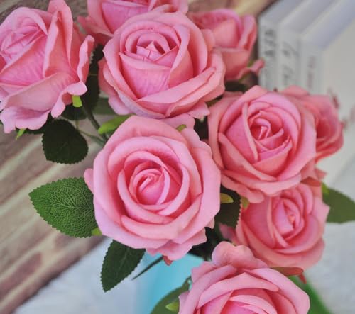 Kenpal Realistic Fake Roses Artificial Flowers with Stem for Decoration Floral Arrangement Centerpieces Wedding Bouquets (10, Coral Pink) - color: Coral Pink