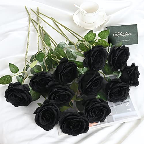 Waipfaru 8 Pcs Artificial Flowers Fake Silk Black Roses Bulk, Faux Real Touch Roses Bouquet with Long Stem for Wedding Party Home Decor (Black) - color: A-black, size: 8 Pcs