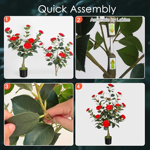2Pack 35.43" Artificial Camellia Trees with 24 Red Flowers in Cement Pots – Lifelike Fake Trees for Front Porch, Home, Indoor Outdoor Spring Decor, Office or Housewarming Gifts - color: Red, size: 35.43 inchx2