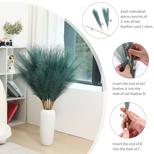 Wertuirk 9 Stems Green Pampas Grass - 38 Inch Tall Pampas Grass Decor, Fluffy Artificial Pompas Floral for Vase Filler, Wedding, Party Farmhouse and Room Decor (Green) - color: Green