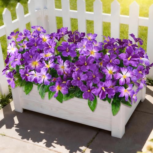 Homsunny Artificial Flowers for Outdoor, 6PCS Fake Silk Flowers | UV Resistant Realistic Faux Plants Flowers for Front Door Porch Planter Patio Yard Garden Spring Decor, Double Purple - color: Deep Purple+ Light Purple