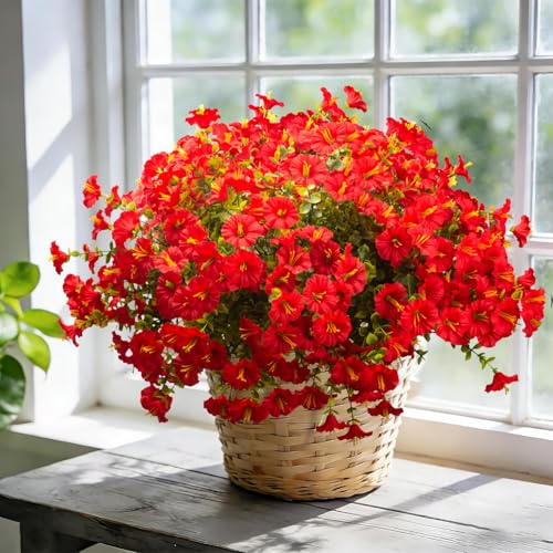 Grunyia 16PCS UV Resistant Artificial Morning Glory Flowers with Eucalyptus - Red Faux Silk Plastic Fake Plants for Outdoor Indoor Garden Porch Planter Window Box Wedding Home Decor - color: Red