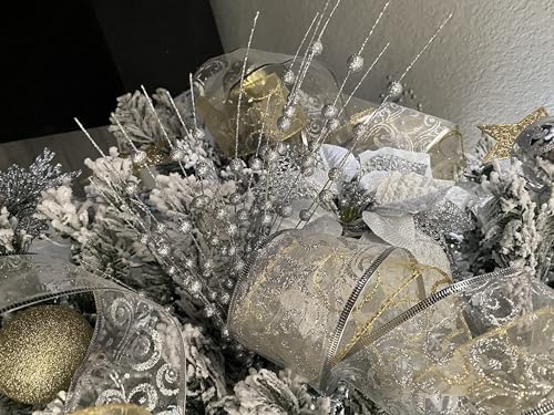 Artificial Glitter Berry Stems Silvery Decorations 17 Inch, Fake Berries Bead Sticks Pick for Halloween Christmas Ornaments Glittery Berries Xmas Tree Wreath Vase Filler Home Decor - Silver 10 Pack - color: Glitter Berry Sticks - Silver 10 Pack