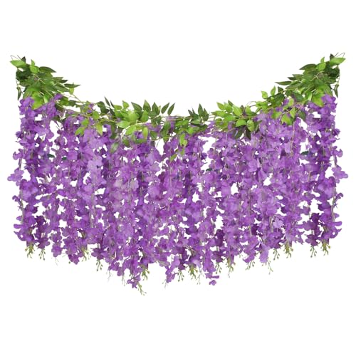 ARTKAIKE Artificial Flowers Garland for Home Decor, Fake Wisteria Vine Silk Hanging Plant Flower for Room Bathroom Wall Kitchen Bedroom Garden Outdoor Wedding Decor (4, Purple) - color: Purple