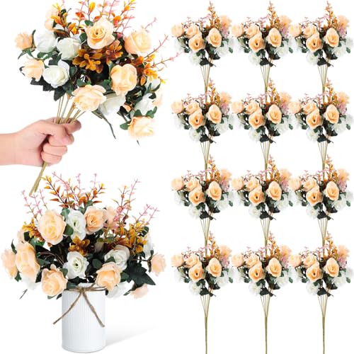 Hotop 12 Bunches of Artificial Flowers Centerpiece 13 Inches Silk Fake Roses Bouquets for Table Decoration Faux Arrangement Flowers for Wedding Cemetery Memorial Day (Champagne) - color: Champagne
