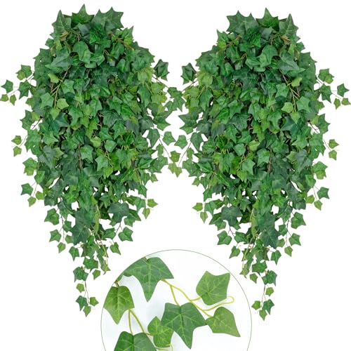 2 Pcs 43 Inch Artificial Hanging Plant Bush Faux English Ivy Plant Fake Ivy Vine with Green Leaves for Wall House Room Patio Indoor Outdoor Home Wedding Decor DIY Craft