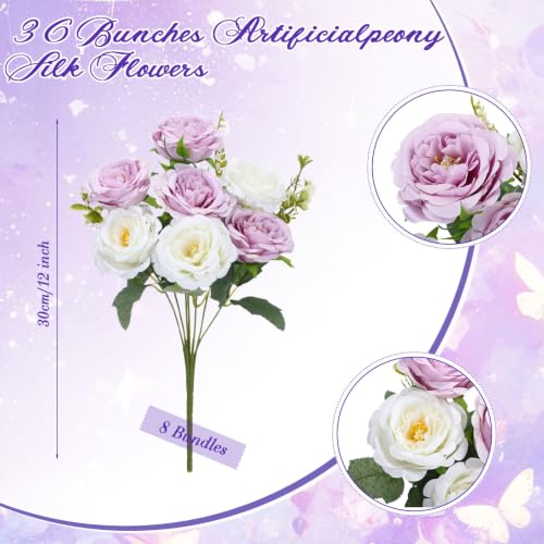 Geosar 8 Bundles Artificial Peonies Flowers Fake Silk Peony Bouquet Faux Peonies Flowers Bulk for Decoration Vase Floral Arrangements Wedding Party Table (White,Purple) - color: White, Purple