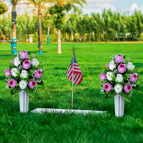 XONOR Artificial Cemetery Flowers for Grave Decorations, Artificial Memorial Roses Flowers Bouquet with Vase for Cemetery Headstones Decoration, 2 Sets (Pink&White) - color: Pink&white
