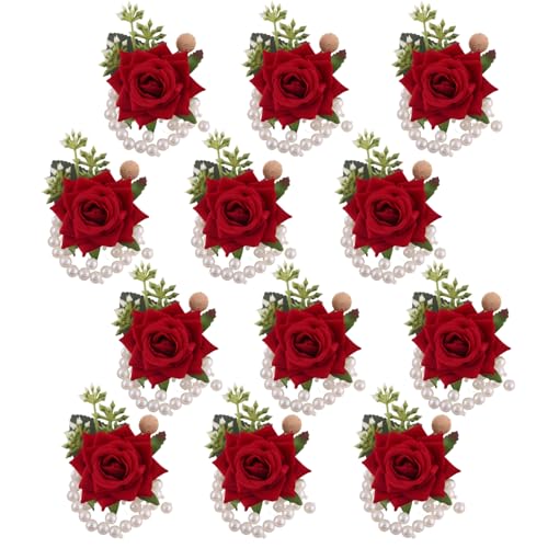 Ruby Red Wrist Corsages Set of 12 for Bridal Bride Bridesmaid Women Artificial Hand Flower Formal Party Wrist Corsage Pearl Band Wristlet Wedding Prom Homecoming Ruby Red - color: Ruby Red Corsages ( 12pcs )
